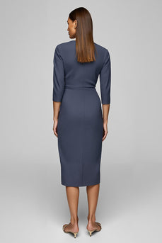 Twilight Bateau Neck Button Pencil Midi Work Dress with Slit