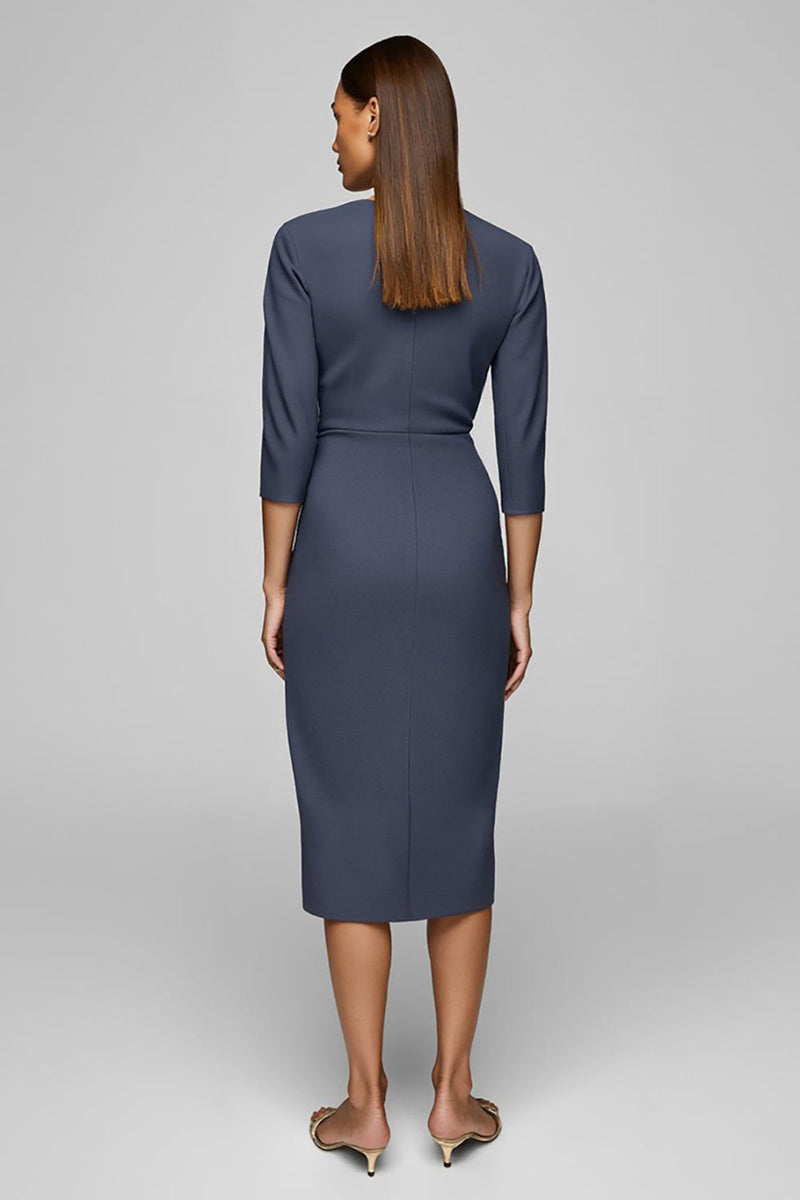 Load image into Gallery viewer, Twilight Bateau Neck Button Pencil Midi Work Dress with Slit