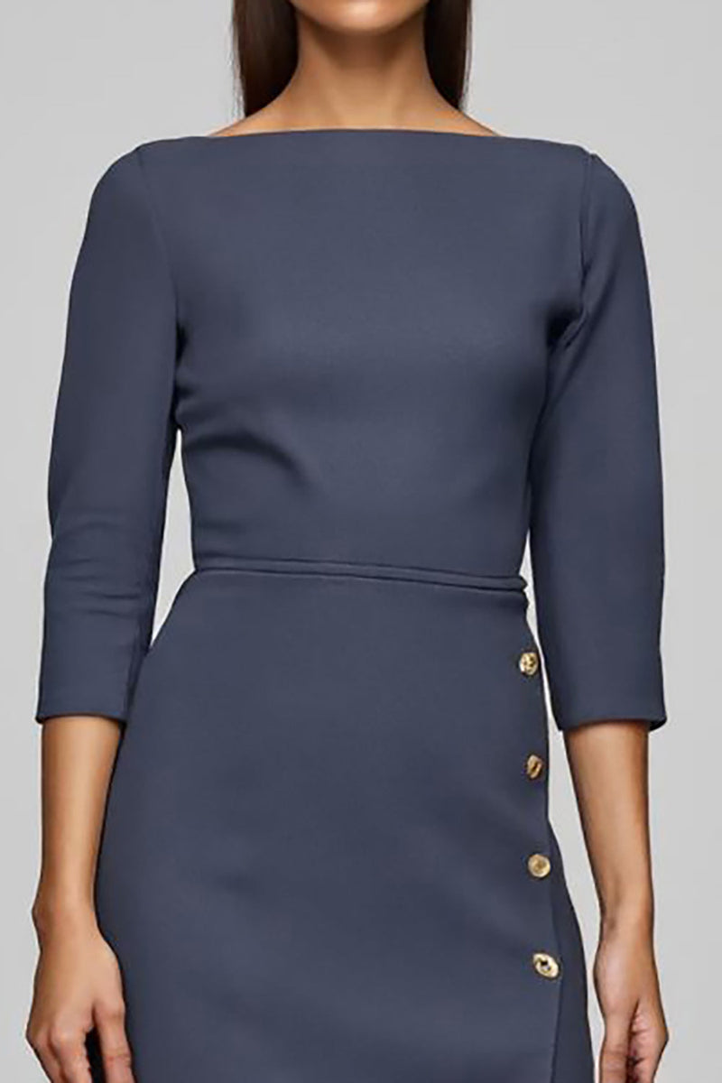 Load image into Gallery viewer, Twilight Bateau Neck Button Pencil Midi Work Dress with Slit