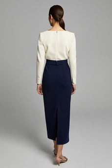 Navy and White Ruched Pencil Long Sleeves Work Dress