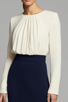 Load image into Gallery viewer, Navy and White Ruched Pencil Long Sleeves Work Dress