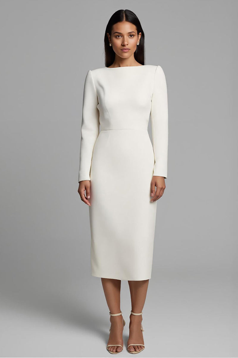 Load image into Gallery viewer, Simple Ivory Bateau Neck Pencil Midi Work Dress with Slit