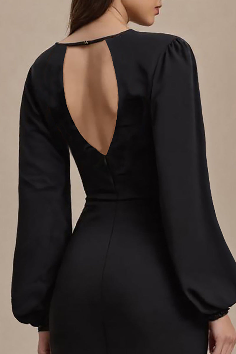 Load image into Gallery viewer, Black Open Back Long Sleeves Pencil Work Dress with Slit
