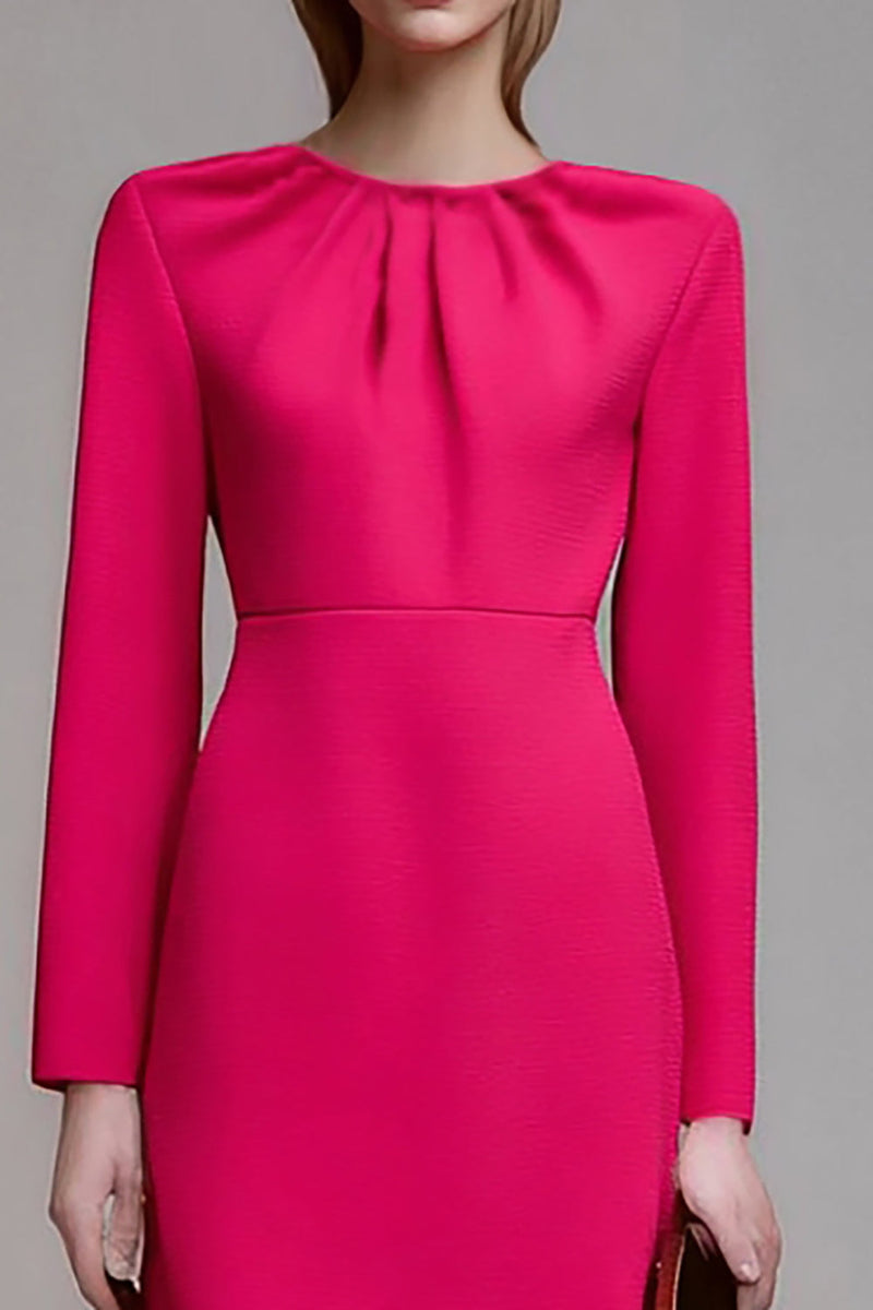Load image into Gallery viewer, Fuchsia Ruched Round Neck Pencil Midi Work Dress with Sleeves