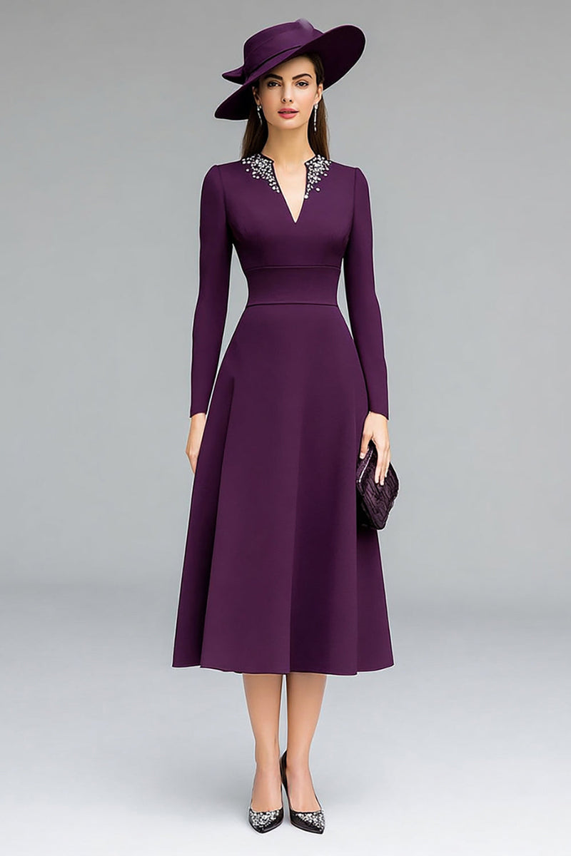 Load image into Gallery viewer, Sparkly Dark Purple A Line Midi Mother of the Bride Dress with Sleeves