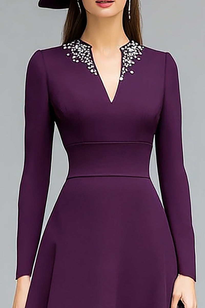 Load image into Gallery viewer, Sparkly Dark Purple A Line Midi Mother of the Bride Dress with Sleeves