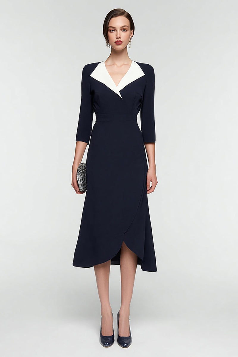 Load image into Gallery viewer, Black and White 3/4 Sleeves Patchwork Lapel Neck Midi Work Dress