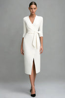 Load image into Gallery viewer, Ivory 3/4 Sleeves V-Neck Pencil Midi Work Dress with Sash