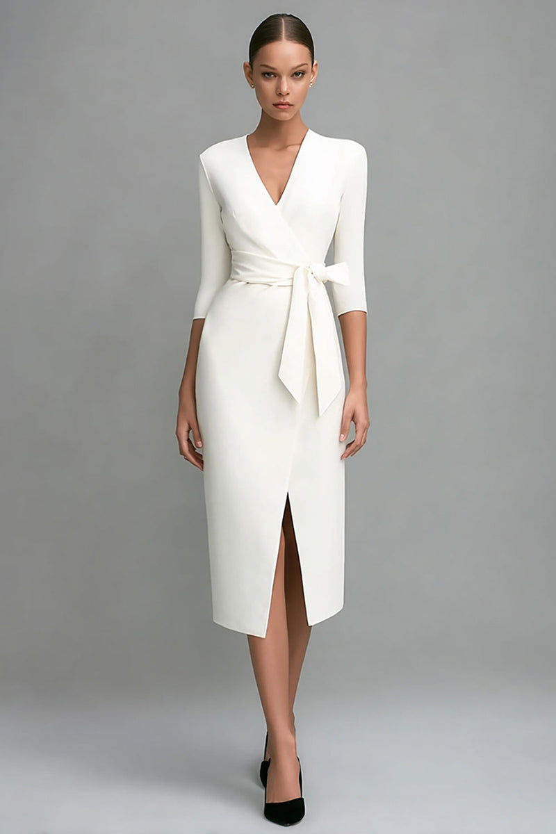 Load image into Gallery viewer, Ivory 3/4 Sleeves V-Neck Pencil Midi Work Dress with Sash