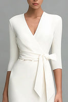 Load image into Gallery viewer, Ivory 3/4 Sleeves V-Neck Pencil Midi Work Dress with Sash