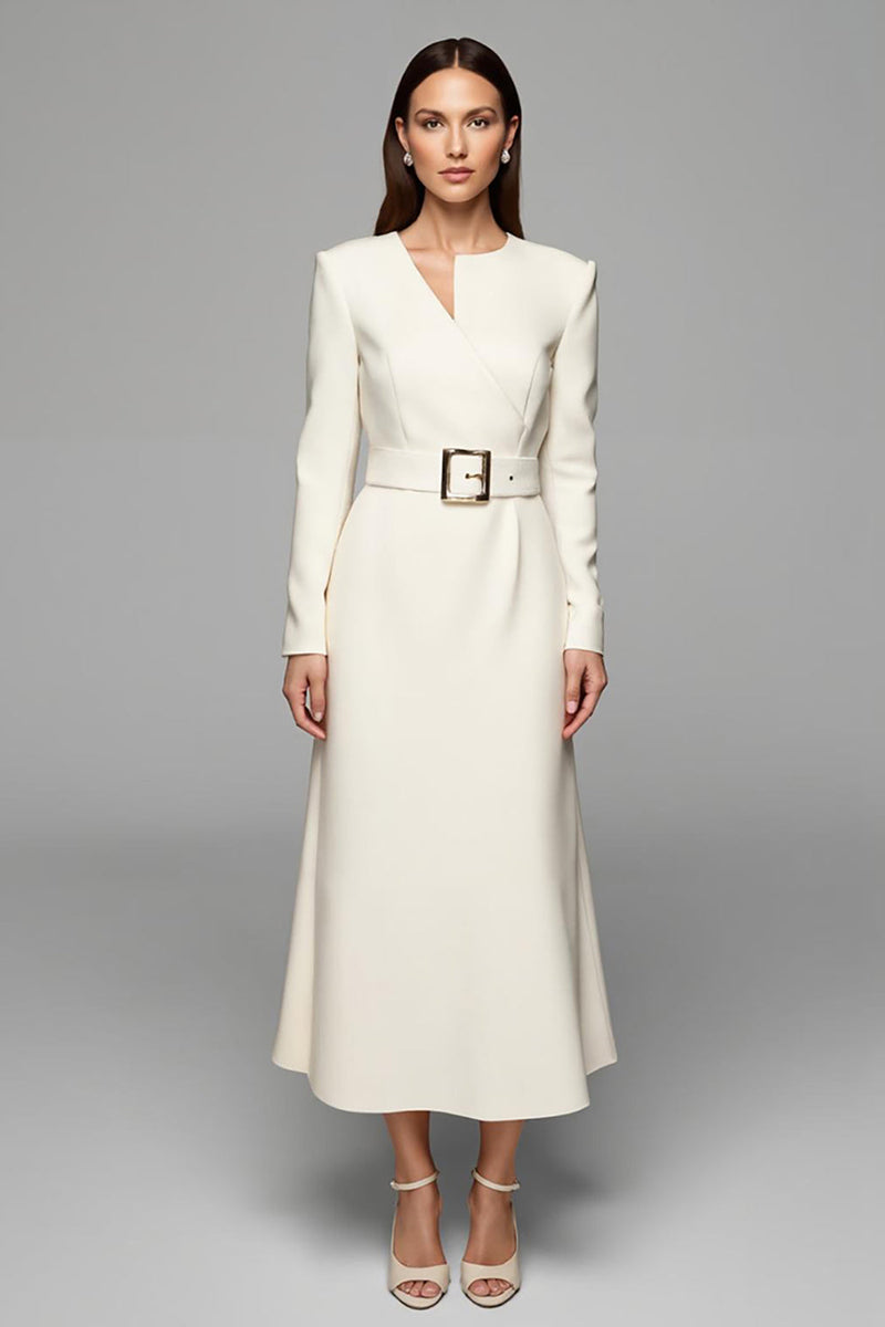 Load image into Gallery viewer, Ivory Asymmetrical Neck Long Sleeves Pencil Work Dress with Belt