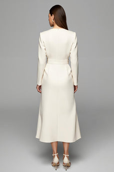 Ivory Asymmetrical Neck Long Sleeves Pencil Work Dress with Belt
