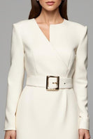 Load image into Gallery viewer, Ivory Asymmetrical Neck Long Sleeves Pencil Work Dress with Belt