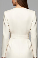Load image into Gallery viewer, Ivory Asymmetrical Neck Long Sleeves Pencil Work Dress with Belt