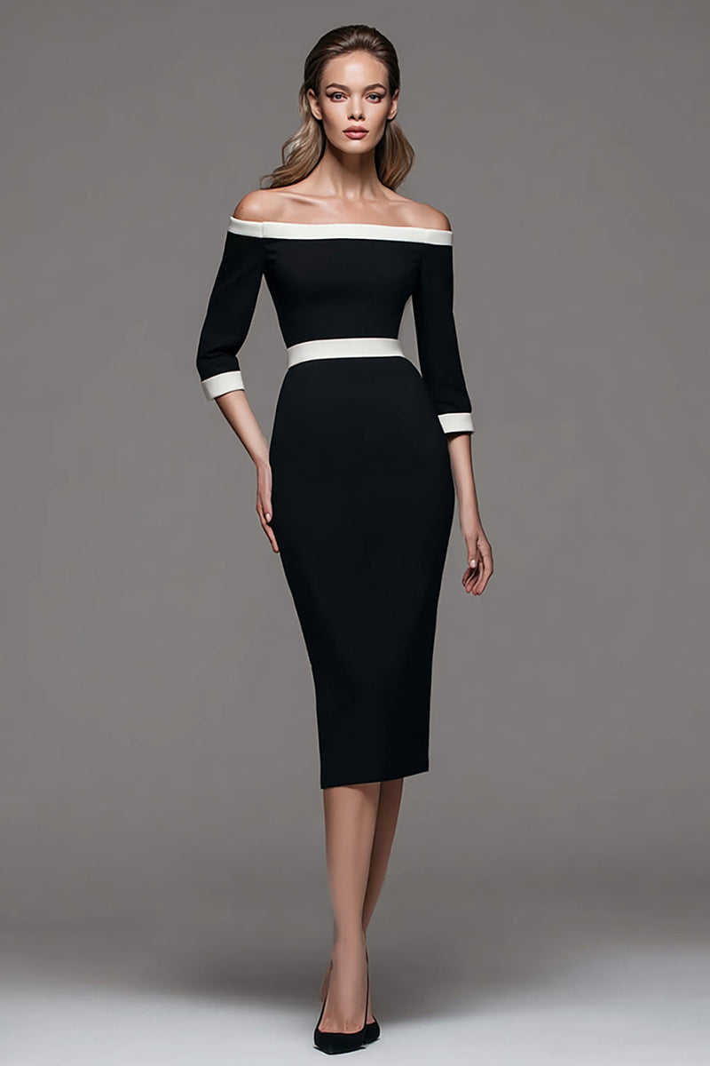 Load image into Gallery viewer, Black and White Pencil Patchwork Off the Shoulder Midi Work Dress