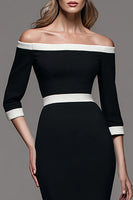 Load image into Gallery viewer, Black and White Pencil Patchwork Off the Shoulder Midi Work Dress