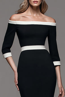 Black and White Pencil Patchwork Off the Shoulder Midi Work Dress