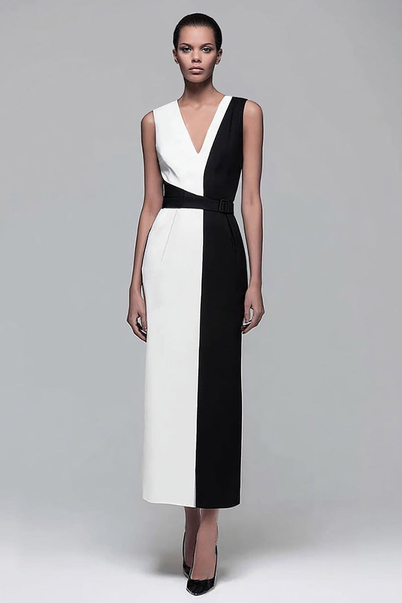 Load image into Gallery viewer, Black and White Pencil Patchwork V-Neck Long Work Dress