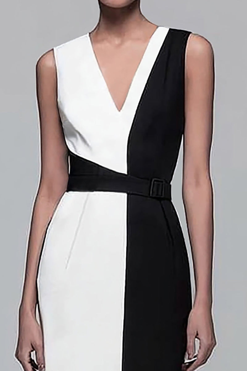 Load image into Gallery viewer, Black and White Pencil Patchwork V-Neck Long Work Dress