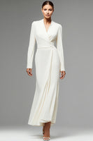 Load image into Gallery viewer, Ivory Chiffon Ruched Long Sleeves Work Dress