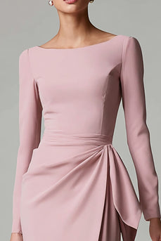 Pink Pencil Satin Boat Neck Midi Work Dress with Sash