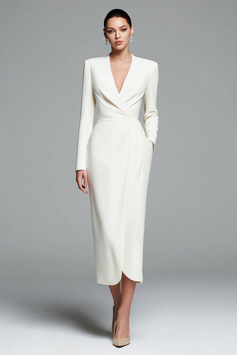 Load image into Gallery viewer, Ivory Satin Sheath V-Neck Long Sleeves Work Dress