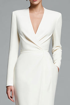 Ivory Satin Sheath V-Neck Long Sleeves Work Dress