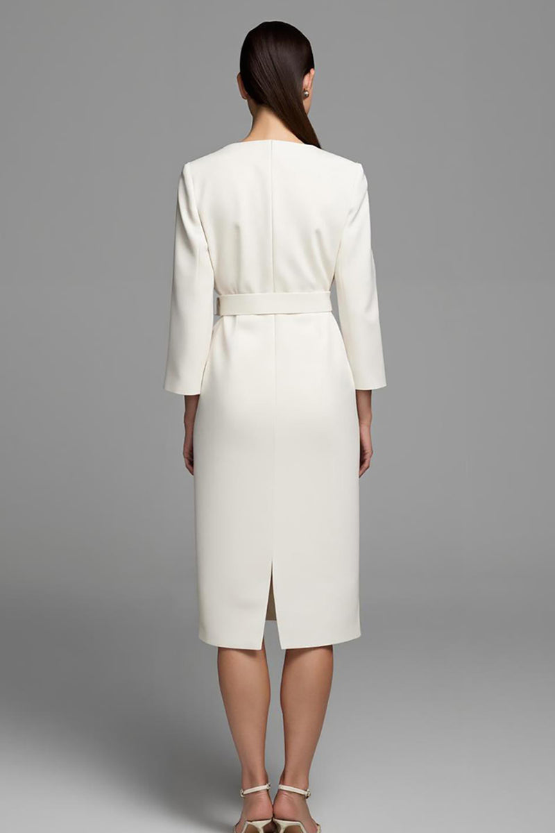 Load image into Gallery viewer, Ivory Pencil V-Neck Long Sleeves Midi Work Dress with Belt