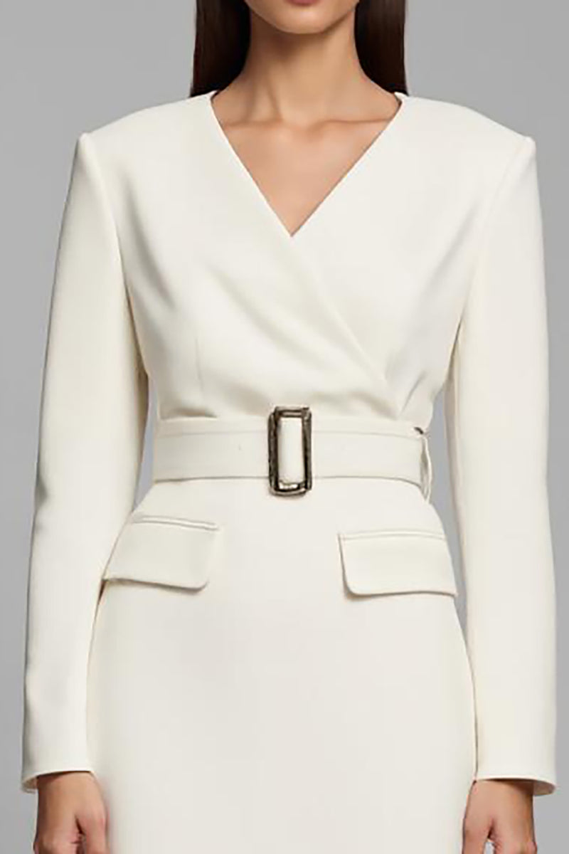 Load image into Gallery viewer, Ivory Pencil V-Neck Long Sleeves Midi Work Dress with Belt