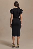Load image into Gallery viewer, Black Satin Pencil V-Neck Midi Work Dress with Ruffles