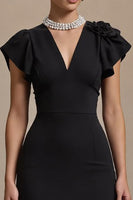 Load image into Gallery viewer, Black Satin Pencil V-Neck Midi Work Dress with Ruffles