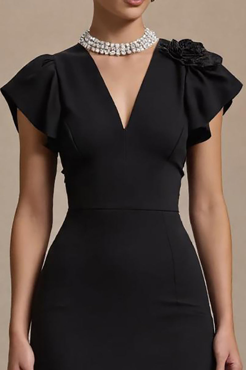 Load image into Gallery viewer, Black Satin Pencil V-Neck Midi Work Dress with Ruffles