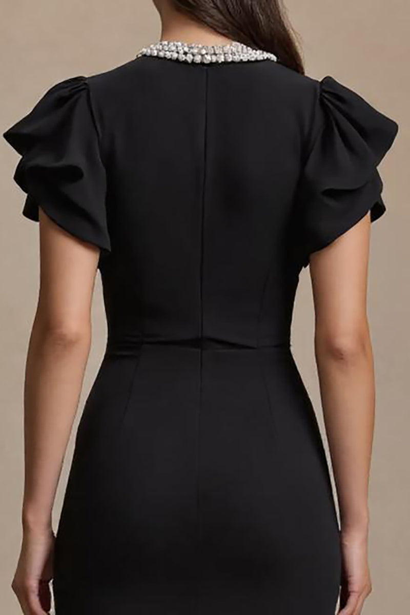Load image into Gallery viewer, Black Satin Pencil V-Neck Midi Work Dress with Ruffles