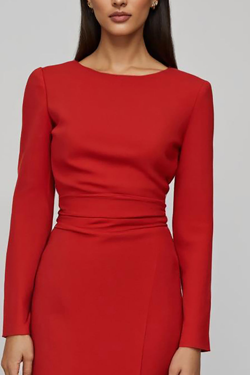Load image into Gallery viewer, Red Satin Sheath Long Sleeves Midi Work Dress with Slit