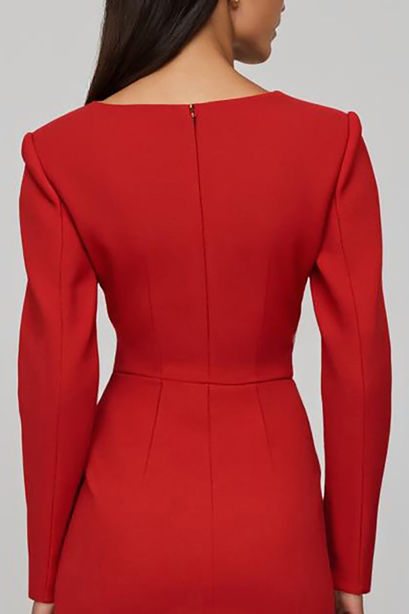 Load image into Gallery viewer, Red Satin Sheath Long Sleeves Midi Work Dress with Slit