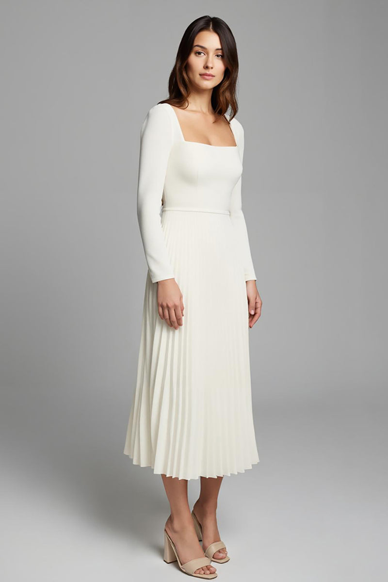 Load image into Gallery viewer, Ivory A Line Pleated Square Neck Long Sleeves Work Dress