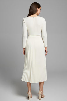 Ivory A Line Pleated Square Neck Long Sleeves Work Dress