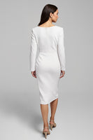 Load image into Gallery viewer, Ivory Satin Sheath Ruched V-Neck Midi Work Dress with Slit