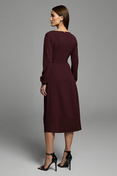 Cabernet Sheath Satin Bateau Long Sleeves Midi Work Dress with Slit