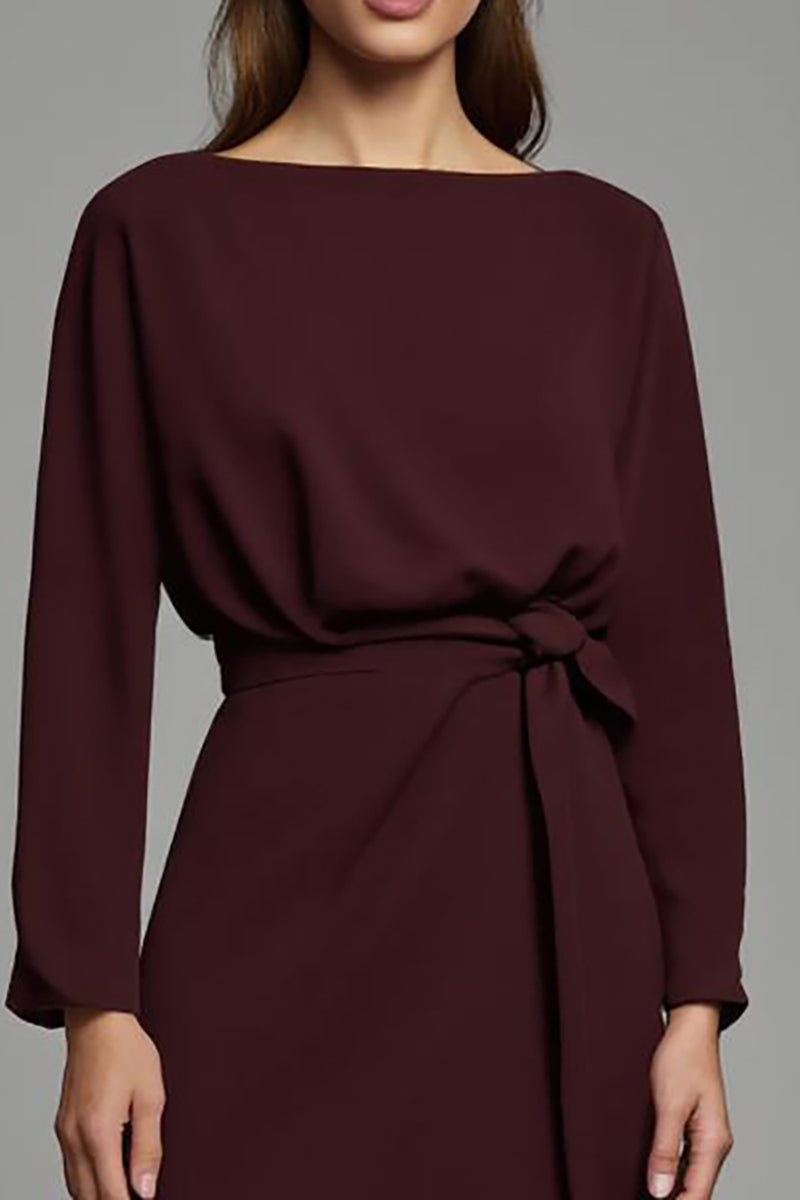 Load image into Gallery viewer, Cabernet Sheath Satin Bateau Long Sleeves Midi Work Dress with Slit