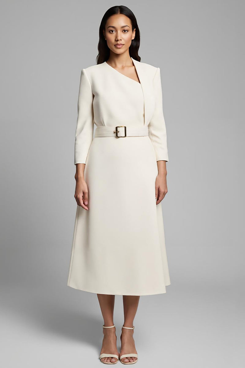 Load image into Gallery viewer, Ivory A Line Asymmetrical Neck Long Sleeves Work Dress with Belt