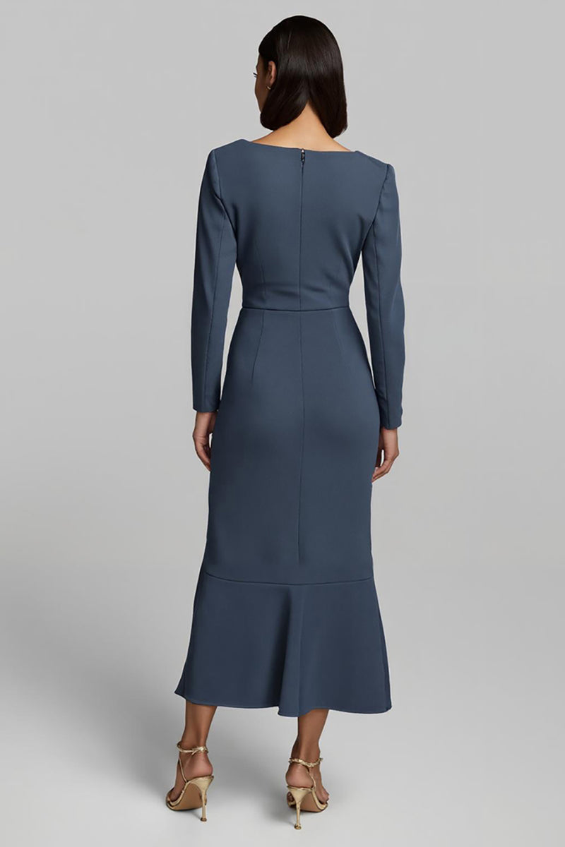 Load image into Gallery viewer, Twilight Sheath Satin Ruched Long Sleeves Work Dress with Ruffles