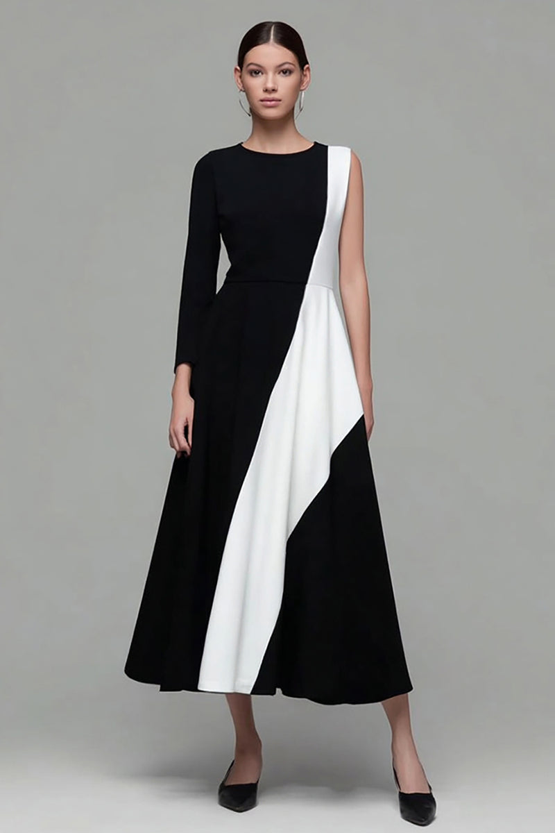 Load image into Gallery viewer, Black and White A Line Jewel Neck Work Dress with Sleeves