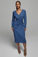 Load image into Gallery viewer, Dusty Blue Satin Sheath Ruched Midi Work Dress with Sleeves