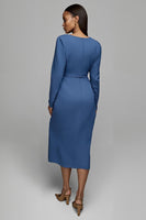 Load image into Gallery viewer, Dusty Blue Satin Sheath Ruched Midi Work Dress with Sleeves