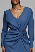 Load image into Gallery viewer, Dusty Blue Satin Sheath Ruched Midi Work Dress with Sleeves
