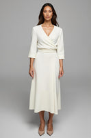Load image into Gallery viewer, Ivory Satin A Line Ruched Long Work Dress with Sleeves