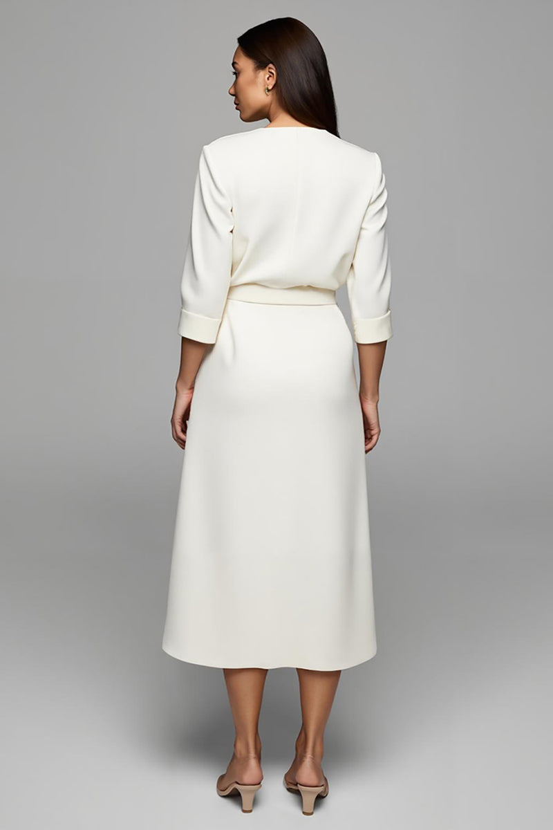 Load image into Gallery viewer, Ivory Satin A Line Ruched Long Work Dress with Sleeves