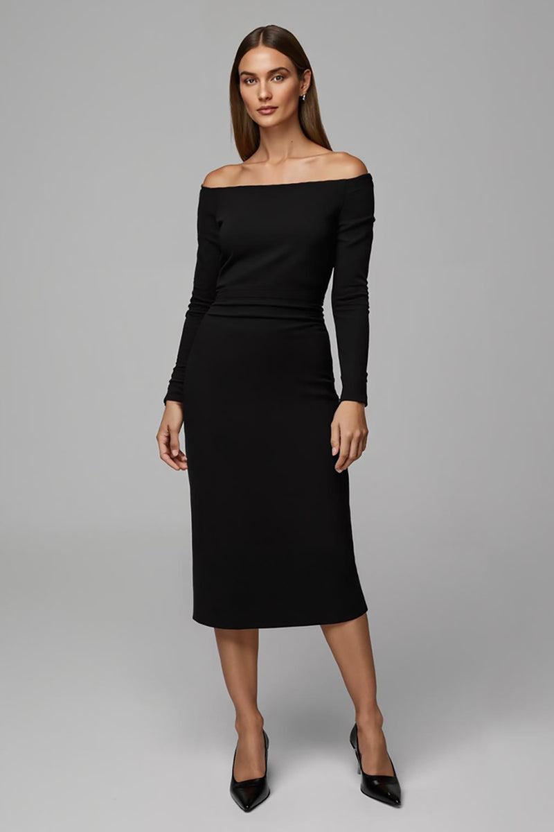 Load image into Gallery viewer, Black Satin Sheath Off The Shoulder Midi Work Dress with Sleeves
