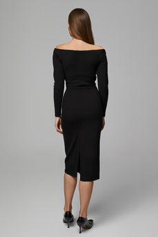 Black Satin Sheath Off The Shoulder Midi Work Dress with Sleeves